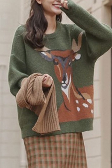 Chic Street Girls' Long Sleeve Crew Neck Deer Patterned Oversize Knit Pullover Sweater in Green