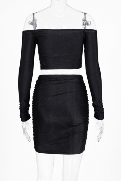 Classic Ruched Front Off the Shoulder Long Sleeves Crop Top with Mini Bodycon Skirt Co-ords