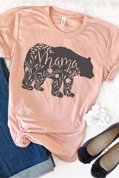 Cool Cute Roll Up Sleeve Crew Neck Letter MAMA Bear Printed Loose Tee for Girls
