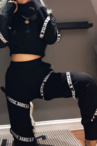 Cool Letter Tape Embellished Long Sleeve High Neck Cropped Top with Pants Black Sport Set