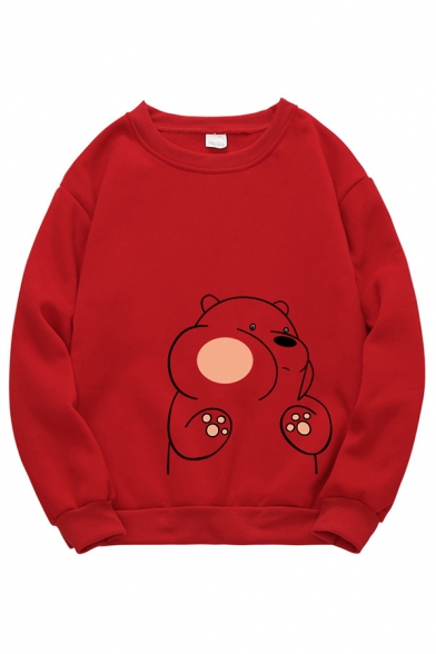 Cute Casual Long Sleeve Crew Neck Bear Pattern Loose Pullover Sweatshirt for Preppy Girls