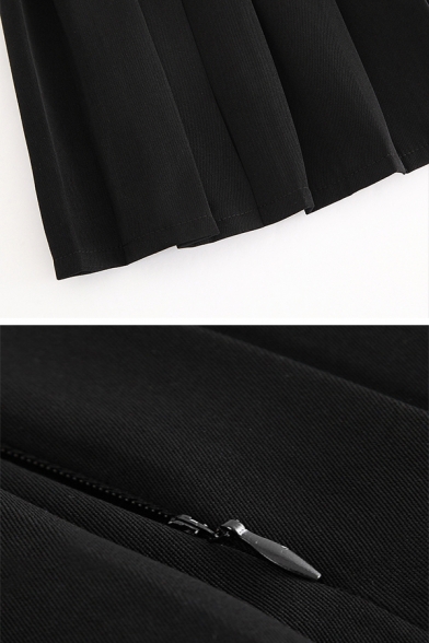 Cute Girls' High Waist Zipper Front Mini Pleated A-Line Skirt in Black