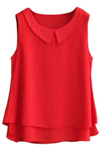 Elegant Women's Sleeveless Lapel Collar Tiered Plain Relaxed Fit Blouse Top