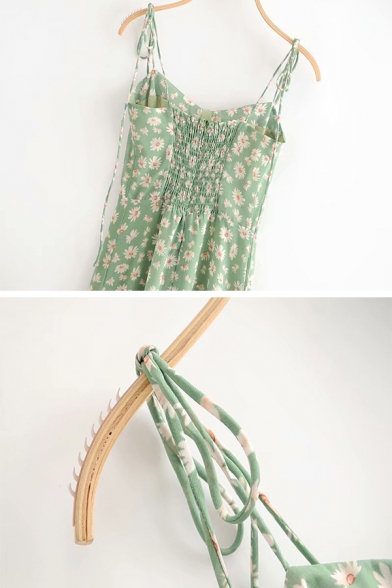 Fancy Green Popular Sleeveless Bow Tie Strap All Over Floral Print Pleated Midi A-Line Cami Dress for Ladies
