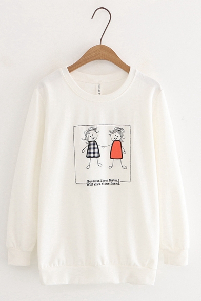Fancy Letter Cartoon Printed Long Sleeve Round Neck Loose Fit Graphic Sweatshirt