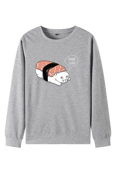 Fancy Sushi Cat Pattern Long Sleeves Round Neck Loose Pullover Sweatshirt