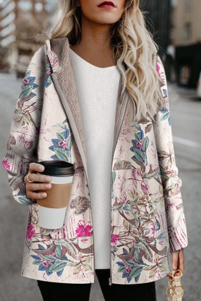 Female Winter Thick Long Sleeve Hooded Zip Front Floral Printed Shearling Liner Boxy Coat
