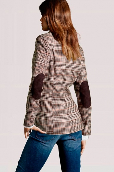Formal Elegant Ladies' Long Sleeve Notch Lapel Collar Button Down Flap Pockets Patched Fitted Glen Plaid Blazer in Khaki