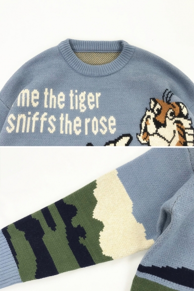 Funny Cartoon Tiger Letter Printed Long Sleeve Round Neck Cozy Knitted Sweater