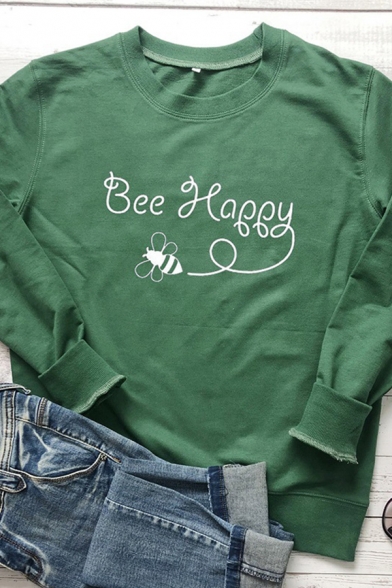 Funny Letter BEE HAPPY Printed Long Sleeve Crewneck Relaxed Fit Graphic Sweatshirt