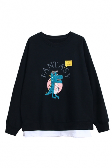 Girls' Cute Fashion Long Sleeve Round Neck FANTASY Letter Dinosaur Printed False Two-Piece Oversize Sweatshirt