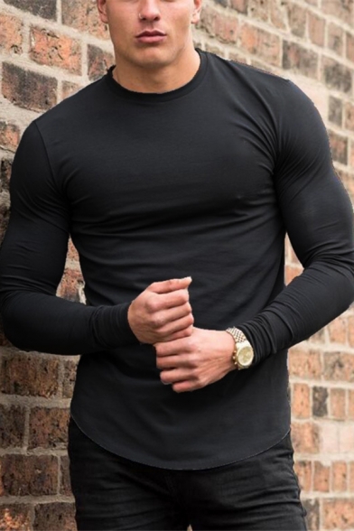 Men's Street Style Plain Long Sleeves Round Neck Muscle Fit Casual T-Shirt