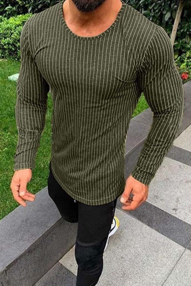 Mens Casual Pinstripe Printed Round Neck Slim Fit Long Sleeved T-Shirt