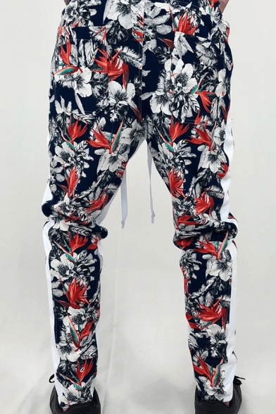 Mens Chic Floral and Leaf Pattern Drawstring Waist Zipper Decoration Stretchy Pants