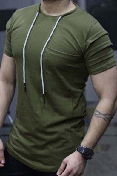 Mens Designer Ruched Detail Short Sleeves Round Neck Slim Fit Plain Drawstring T-Shirt