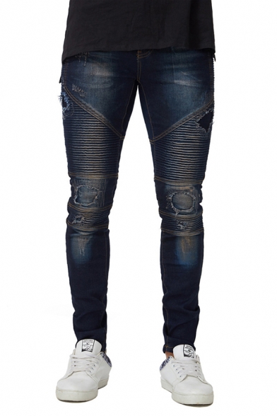 Mens Fashion Plain Pleated Crumple Detail Ripped Shredded Patch Retro Fitted Jeans