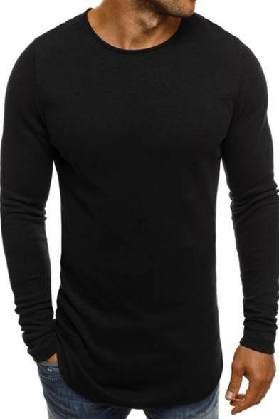 Mens Leisure Solid Color Long Sleeve Round Neck Curved Hem Slim Fit Knitwear Sweater
