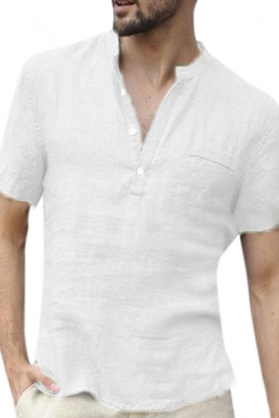Mens Simple Plain Short Sleeve Button Front Loose Casual Cotton Blouse Shirt