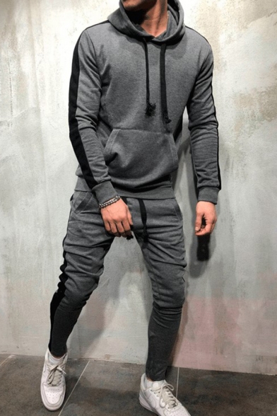 Mens Sport Fashion Striped Long Sleeve Pouch Pocket Drawstring Hoodie with Pants Set