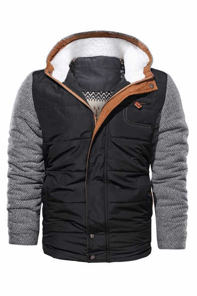Mens Winter Leisure Color Block Panel Long Sleeve Zip Up Down Coat with Hood