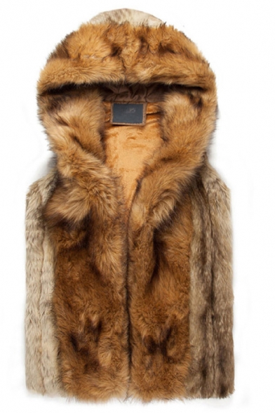 New Stylish Brown Sleeveless Side Pocket Hooded Vest Soft Faux Fur Coat for Men