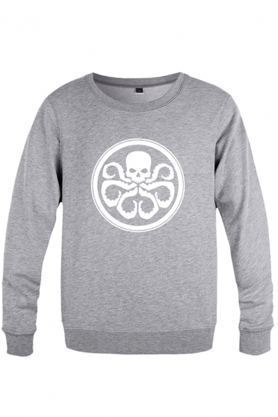 New Trendy Skull Symbol Printed Long Sleeves Crewneck Pullover Sweatshirt