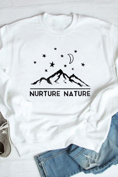 NURTURE NATURE Letter Mountain Star Pattern Long Sleeve Graphic Pullover Sweatshirt