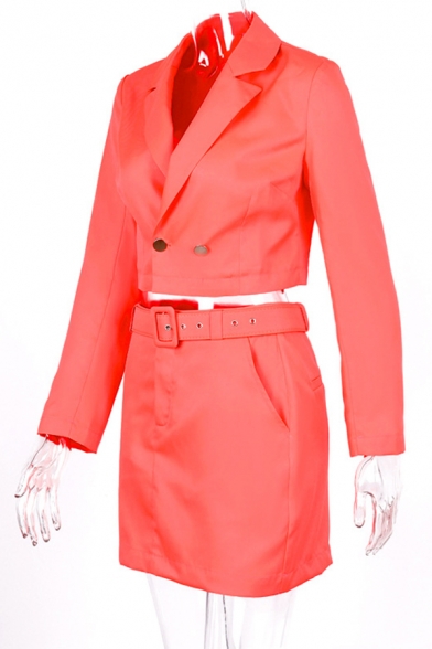 Office Womens Popular Double Button Cropped Blazer with Mini Skirt Solid Color Suit Set