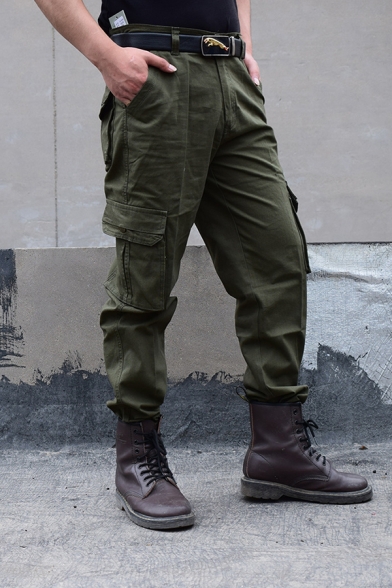 Outdoor Sport Training Solid Zipper Placket Straight Fit Army Green Work Pants