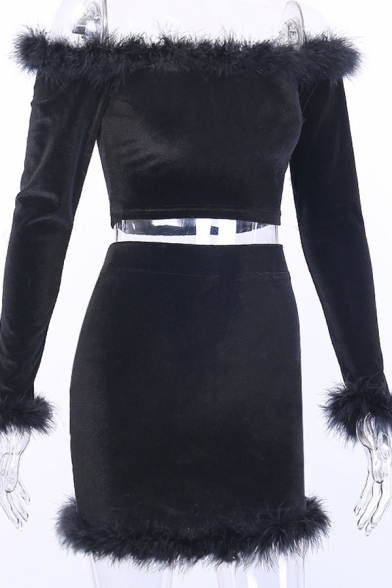 Plain Black Feather Patch Off Shoulder Long Sleeve Cropped Top with Mini Skirt Velvet Co-ords