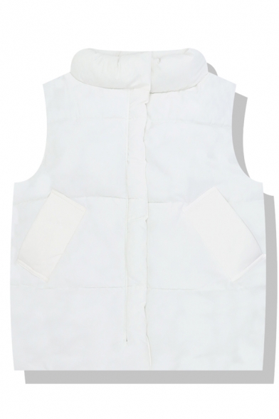 Plain Thickened Sleeveless Stand Collar Zipper Front Pockets Side Fitted Down Vest for Women
