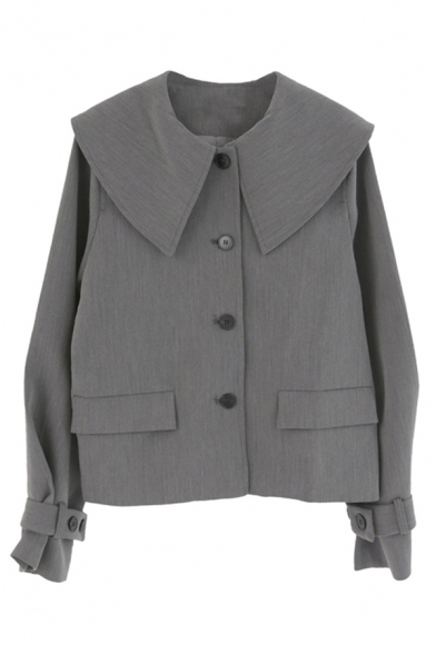 Popular Girls' Vintage Long Sleeve Exaggerate Collar Button Down Flap Pockets Loose Fit Jacket in Grey
