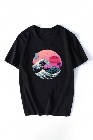 Retro Sunset and Sea Wave Pattern Short Sleeves Black T-Shirt Cotton Camisetas