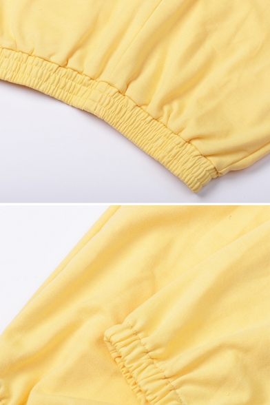 Simple Plain Long Sleeve Drawstring Hem Crop Sweatshirt with Elastic Waist Pants Co-ords