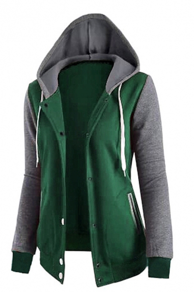 Simple Style Colorblocked Patch Long Sleeve Button Down Drawstring Hoodie