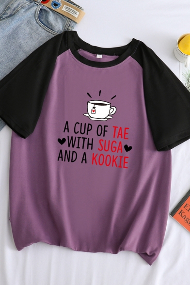 Stylish Letter A CUP OF TEA WITH SUGAR AND A KOOKIE Raglan Short Sleeve Round Neck Loose Tee