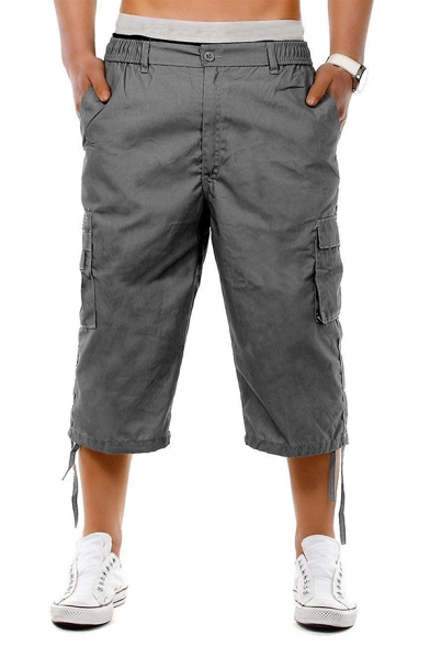 Summer Popular Solid Color Flap Pocket Ribbon Hem Cropped Ribbon Hem Pants for Men