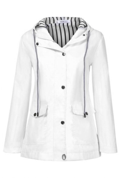 Trendy Girls' Long Sleeve Hooded Zip Button Front Drawstring Flap Pockets Stripe Liner Relaxed Trench Coat