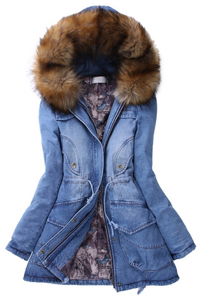 

Trendy Ladies' Long Sleeve Hooded Drawstring Flap Pockets Fluffy Trim Slim Fit Thick Denim Coat in Blue, Denim blue, LM579243