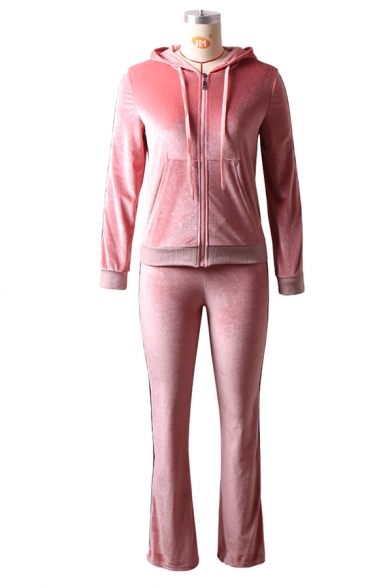 Trendy Striped Long Sleeve Zip Up Velvet Hoodie with Drawstring Waist Pants Two Piece Co-ords