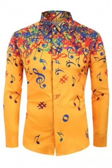 Unique Colorful Musical Note Pattern Long Sleeve Button Up Loose Shirt for Men