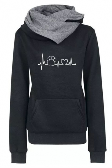 Unique Cool Long Sleeve Cowl Neck ECG Cat Paw Heart Print Kangaroo Pocket Fitted Hoodie for Female