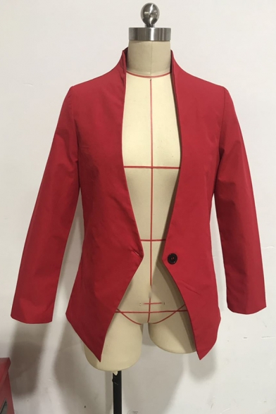 Unique Formal Long Sleeve Collarless Button Detail Asymmetric Relaxed Plain Office Blazer for Ladies