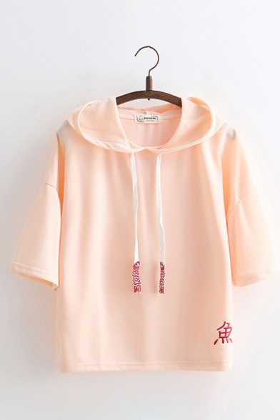 Unique Japanese Letter Embroidery Half Sleeve Loose Drawstring Hoodie for Summer