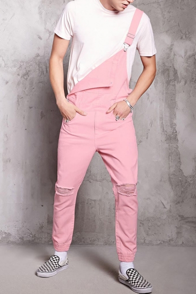 Unique Pink Solid Color Shredded Frayed Detail Overall Jeans Leisure Coveralls