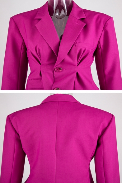 Unique Rose Red Long Sleeve Notch Collar Button Front Ruched Flap Pockets Fitted Blazer for Women