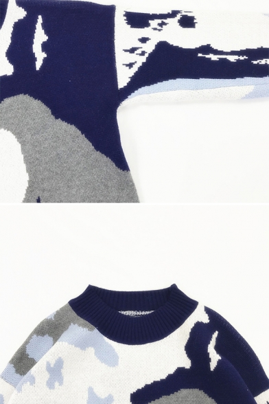 Unique Snow Mountain Abstract Painting Long Sleeve Light Blue Relaxed Pullover Sweater