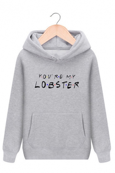 Unisex Letter YOU'RE MY LOBSTER Print Long Sleeve Drawstring Hoodie with Pocket