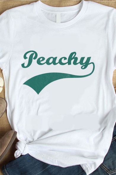 Unisex Popular PEACHY Letter Printed Short Sleeves Crew Neck White Casual T-Shirt