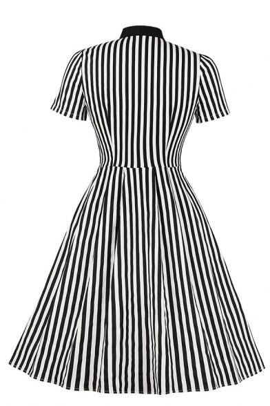 Vintage Ladies' Short Sleeve Bow Tie Collar Stripe Printed Button Down Midi Pleated Flared Party Dress
